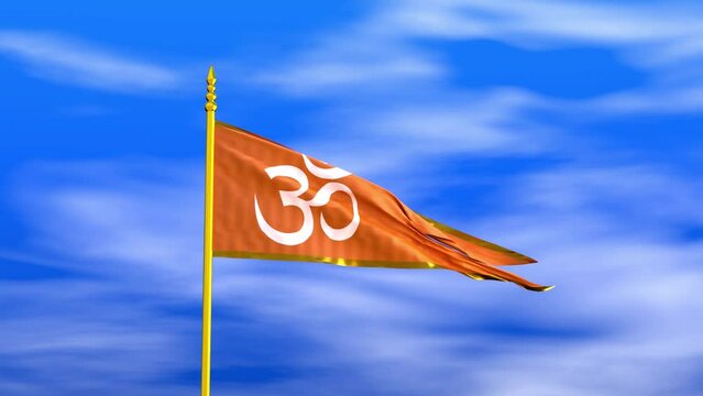 Religious Hindu Om Aum Flag during Daylight and beautiful sky - 3D Illustration Render