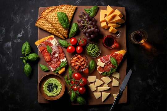 A Wooden Tray Topped With Cheese And Other Starters