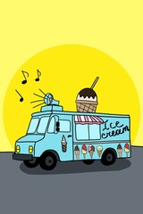 Ice cream van illustration, summer symbol, ice cream bus logo, ice cream food truck illustration 