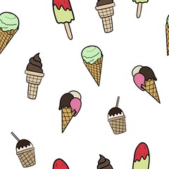 Ice cream seamless pattern, ice cream corns, ice cream cup, different types of ice cream