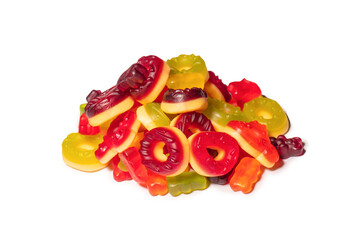 Assorted colorful gummy candies. Top view. Jelly donuts. Jelly bears. Isolated on a white background.