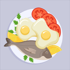 Healthy food, fish with boiled eggs on a white plate. Isolated on a gray background in a flat style