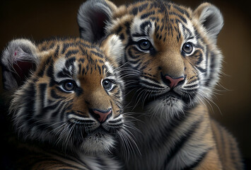 Two small tiger cubs. Generative Ai art. Wildlife concept.