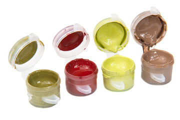 Paints in mini bottles for drawing by numbers isolated on the white background