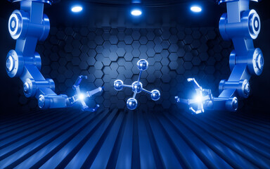 Molecule with mechanical arms in the neon background, 3d rendering.