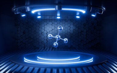 Molecules with stage in the neon background, 3d rendering.