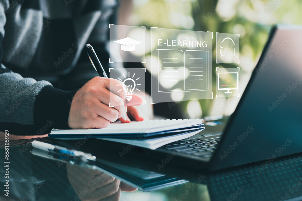 Poster Concept of Online education. man use Online education training and e-learning webinar on internet for personal development and professional qualifications. Digital courses to develop new skills..