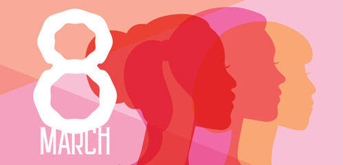 Fototapeta na wymiar 8 march international women's day banner vector. Beautiful women of different ethnicities profile portraits silhouettes.