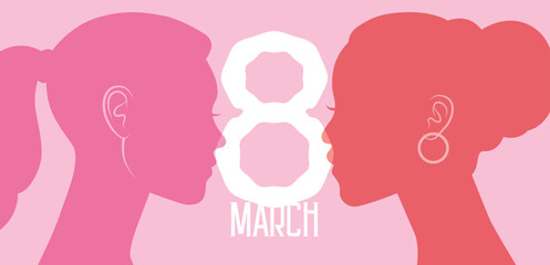 8 march international women's day vector banner. Two beautiful young women profile portrait silhouettes of different ethnicities. Caucasian woman profile and afro american african woman profile. - obrazy, fototapety, plakaty