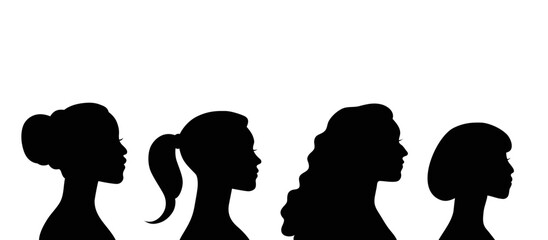 Women profile portraits black silhouettes of different ethnicities. 8 march international women's rights day vector banner.