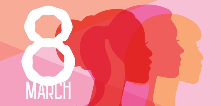 8 march international women's day banner vector. Beautiful women of different ethnicities profile portraits silhouettes.