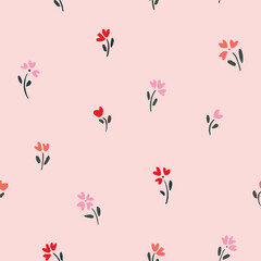 Hand-painted heart shaped flowers in red, coral and baby pink arranged on a light pink background. Great for home decor, fabric, wallpaper, gift-wrap, stationery and design projects.
