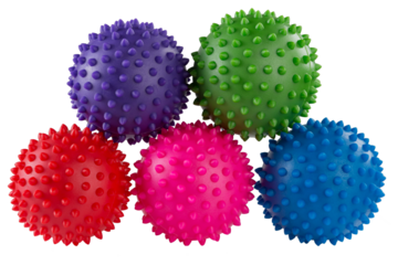 Five colored rubber massage balls with spikes, on a white background, isolate