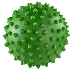 Green rubber massage ball with spikes, on a white background, isolate