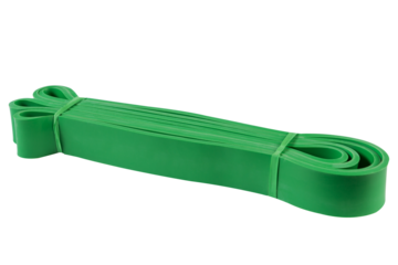 Green rubber band for fitness, resistance expander, the tourniquet is folded, on a white background, isolate