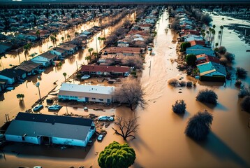 illustration of flood water disaster in city, illustration inspired from California flood	 - obrazy, fototapety, plakaty