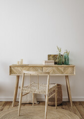 Home office, wall mockup in Scandi-boho style living room interior, 3d render