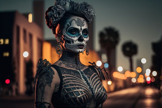 illustration of a woman wear make up and dress in skull , Day of the Dead or Día de los Muertos	
