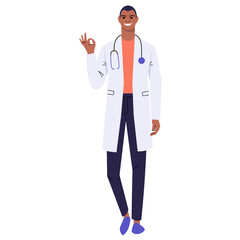 Dark-skinned young doctor shows ok. A smiling medical worker gestures to show that everything is fine and perfect. A character with a stethoscope and a white coat. Flat vector isolated on white.