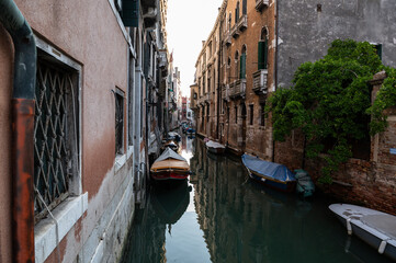 Life in Venezia, in the port with ships, boats and gondolas, lovely place, grand Canal in the summer, poster visual