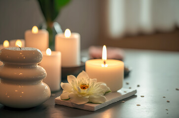 Candles and black hot stone on wooden background. Hot stone massage setting lit by candles. Massage therapy for one person with candle light. Beauty spa treatment and relax concept. Generative AI