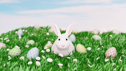 Easter landscape with rabbit, colorful eggs and daisy flowers on field. 3d render