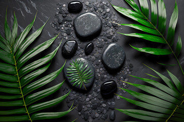 Fototapeta na wymiar Close up Top view of spa stones and leaves on dark background. spa therapy. Elegant and luxury spa. Generative AI
