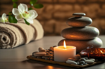 Candles and black hot stone on wooden background. Hot stone massage setting lit by candles. Massage therapy for one person with candle light. Beauty spa treatment and relax concept. Generative AI