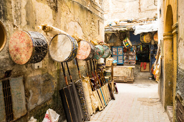 Set of traditional Moroccan instruments. Percussion and string instruments. All these instruments...