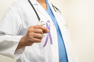 Asian woman doctor with purple ribbon, sign of Alzheimer disease day, Pancreatic cancer, Epilepsy,...
