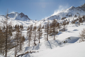 Fototapeta na wymiar Sommets de montagnes couvertes de neige soufflée par le vent. Vallée da la Clarée dans les Hautes-Alpes en France en hiver.