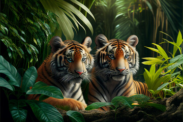 Fototapeta na wymiar Two bengal tigers in jungle. Generative Ai art. Wildlife concept with green tropical leaves.