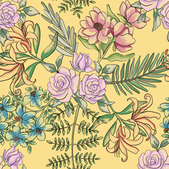 Botanical illustration. Floral seamless pattern with Roses, lilies, peonies, chrysanthemum seamless background for floral wallpaper, textile, fabric, poster, package. 