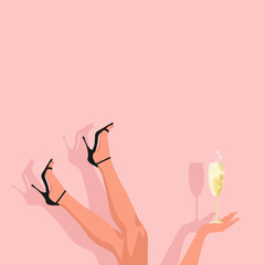Upside down high heel legs, holding glass of wine.