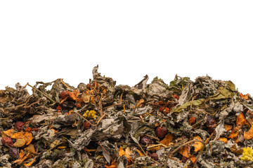 Dry tea leaves and dry fruit isolated on white background.