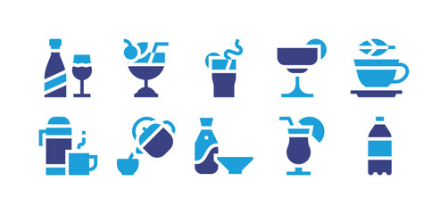 Beverage icon set. Duotone color. Vector illustration. Containing lambrusco, cocktail, tea, thermos, sake, summer, soda bottle.