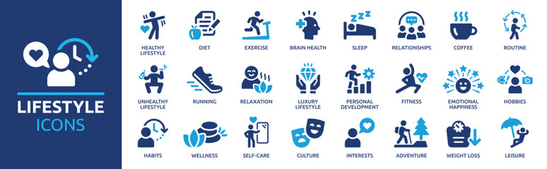 Fototapeta Lifestyle icon set. Containing healthy lifestyle, diet, exercise, sleep, relationships, running, routine, self-care, culture and hobbies icons. Solid icon collection. obraz