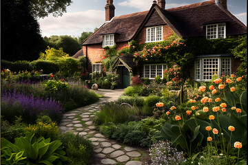 english country house with flowers