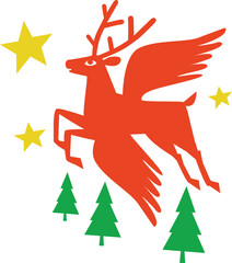 red deer with wings flies above the pines towards the stars