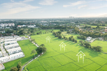 Land value in aerial view consist of landscape, green field, agriculture farm and arrow of rate...