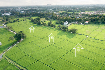Land value in aerial view consist of landscape, green field, agriculture farm and arrow of rate...