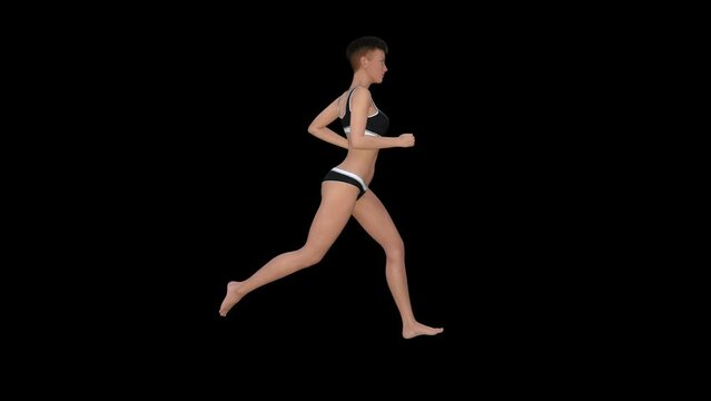 Running woman in sports bikini side view on a black  background 3d render Seamless Loop Animation