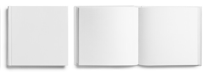 Set of closed and open square hardcover books, isolated on white background