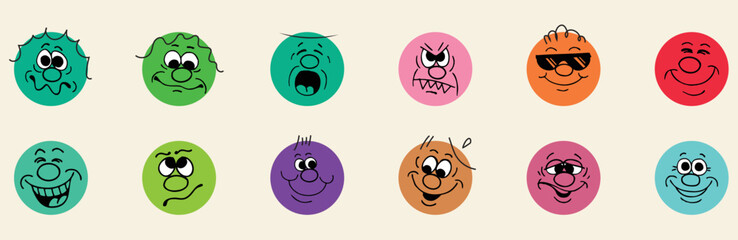 Round abstract comic Faces with various Emotions. Crayon drawing style. Different colorful characters. Cartoon style. Flat design. Hand drawn trendy Vector illustration.