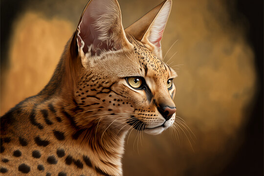 Savannah cat, hybrid serval and domestic cat. Generative AI. 
