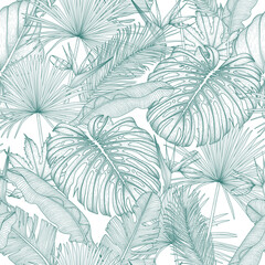 Seamless vector pattern with graphic linear exotic plants. Monstera, palm and banana leaves, aralia, elephant ear leaf, strelitzia engraving style - obrazy, fototapety, plakaty