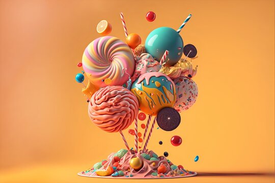 Juicy lolipop illustration in different sweet caramel and cream toppings.Sweet country bright illustration.AI generated.