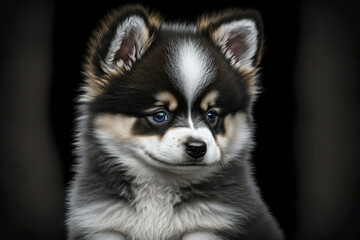 Pomsky puppy portrait, breed of dog, hybrid of the Pomeranian and the Siberian Husky. Generative AI. 