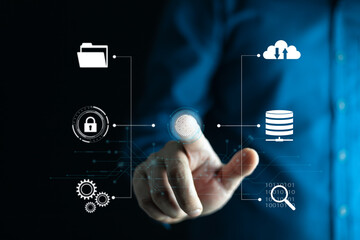 Cloud computing concept. Business man use finger  touching for authenication for Access Cloud computing