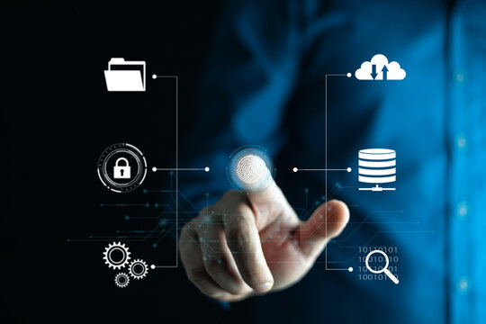 Cloud computing concept. Business man use finger  touching for authenication for Access Cloud computing